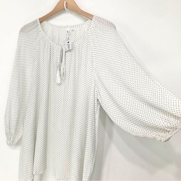 NY Collection White Black Micro Polka Dot Tie Neck Tunic Blouse NEW - Picture 1 of 16